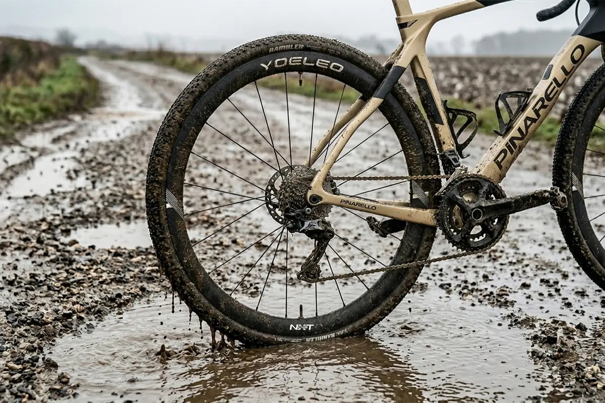 Yoeleo NxT C45 Gravel 2026 wheelset in wet gravel conditions showing brass nipple durability
