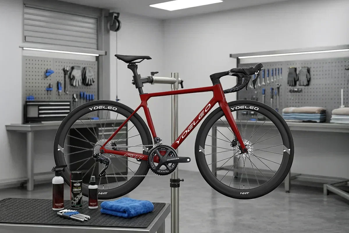 Carbon road bike frameset on workstand ready for cleaning and maintenance